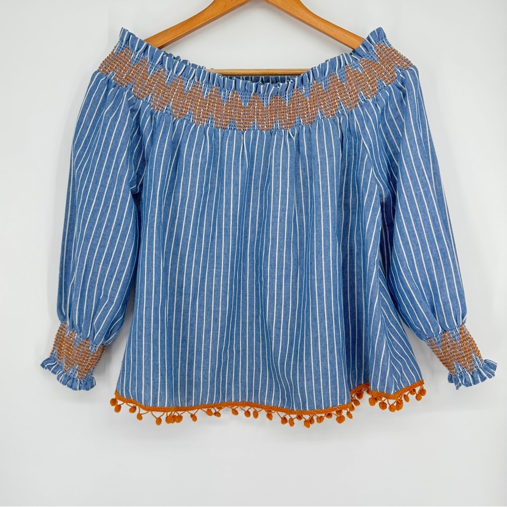 5/$25 THML NWOT embroidered smocked off shoulder tassle top